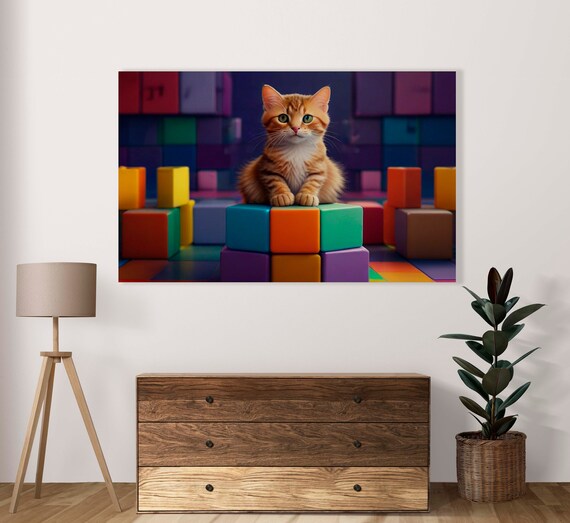 Orange Cat Sit In Cubes Poster Set Of 1 Image Home Artwork Cute Feline Illustration Cats Lovers Decor