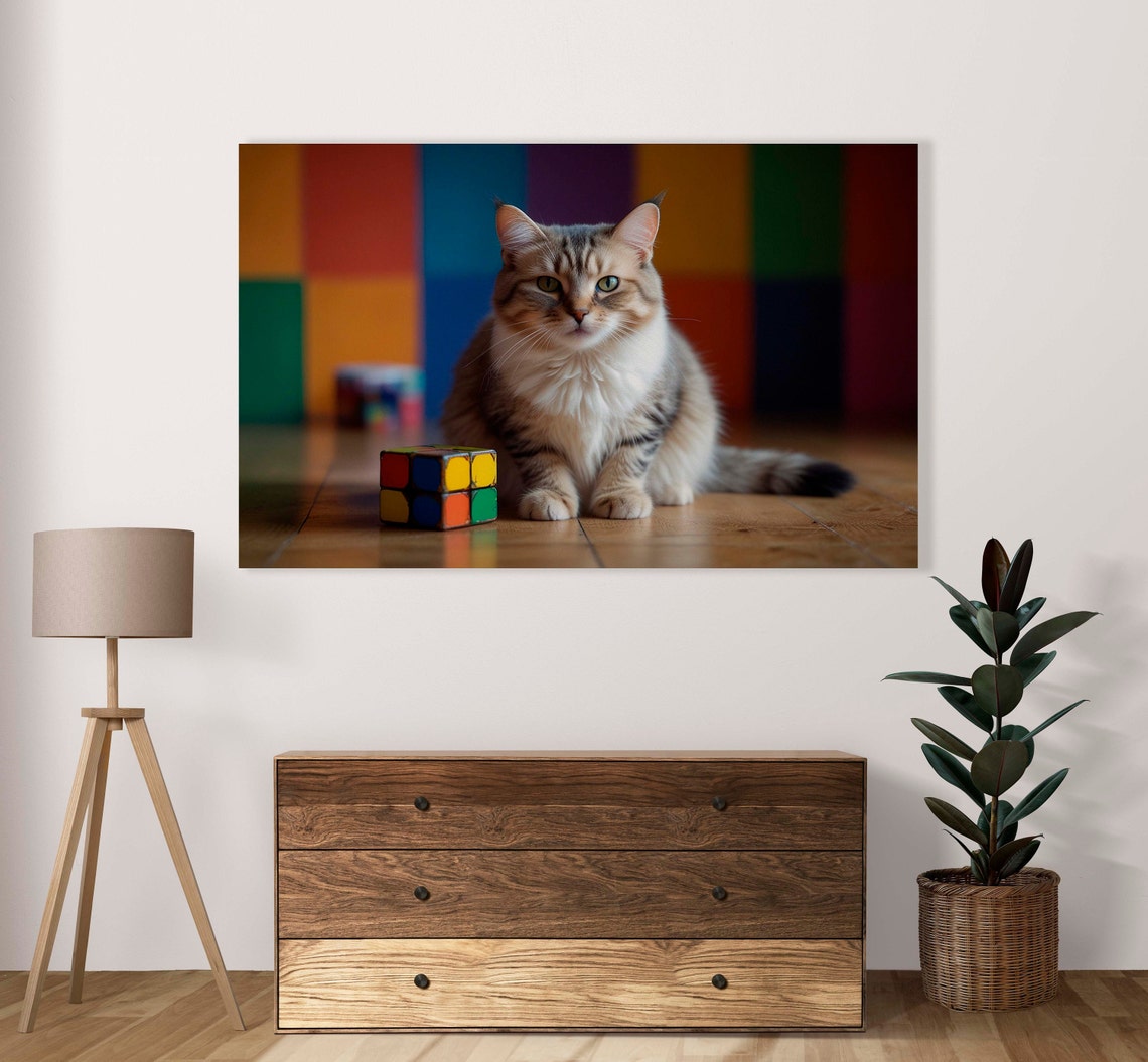 Serious Longhair Tabby Cat Sitting Beside Rubik Cube Photo Art Poster