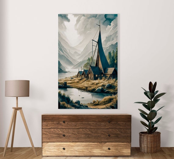 Rustic Lakeside Settlement Scene Poster Of 1 Image Watercolour Wall Art Decor Commercial Use