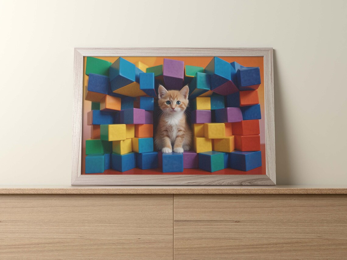 Cute Kitten In Cube Theme Poster Set Of 1 Image Home Decoration Vivid Kitten Illustration Pets Lovers - Image 2
