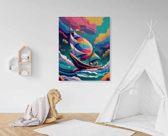 Sailboat Riding Stormy Waves With Rainbow Striped Sails Poster