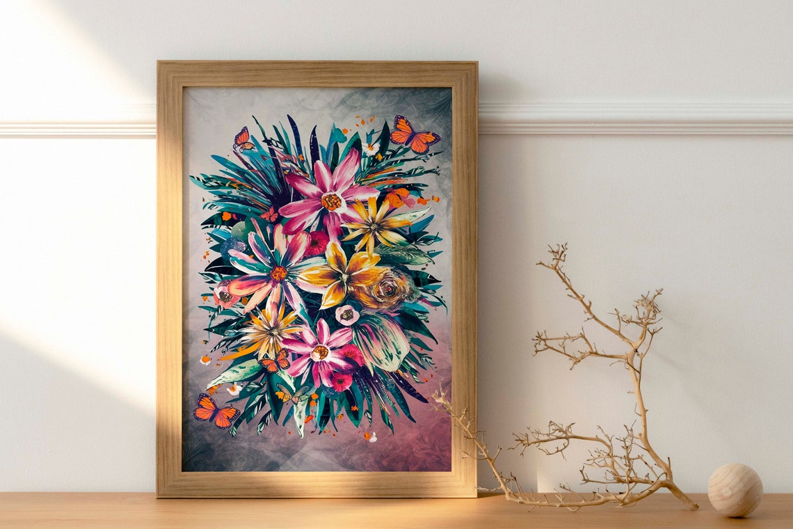Wildflower Bouquet With Monarch Butterflies Watercolor Art Poster - Image 2