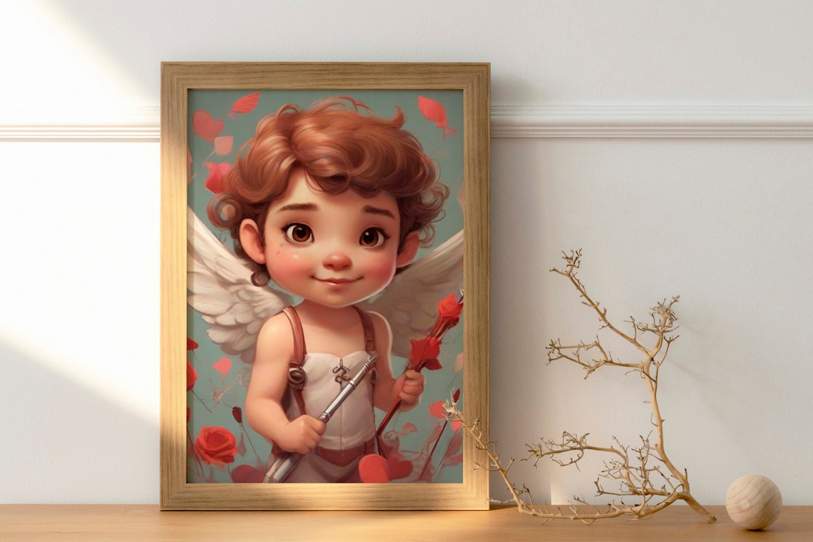 Sweet Curly Haired Cupid Cherub Valentines Day Pink Art Poster - Image 3