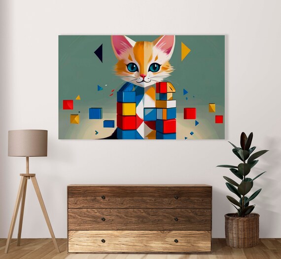 Cartoon Cats Face With Geometric Figures Poster Set Of 1 Image Nursery Decor Comic Kitten Illustration