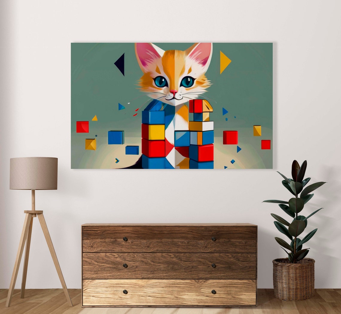 Blue Eyed Cartoon Kitten Built From Bright Geometric Cubes Poster