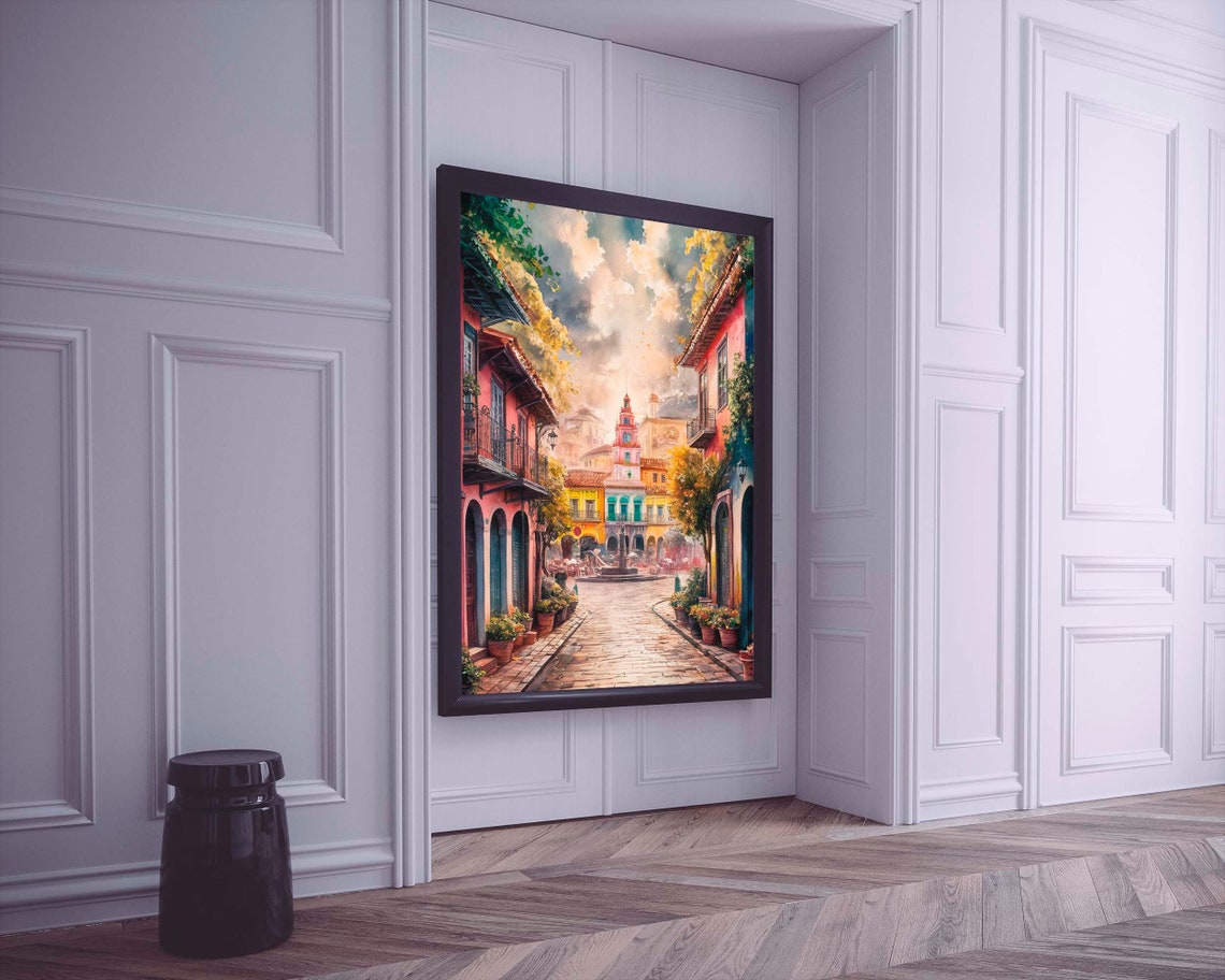 Colorful Colonial Street With Cobblestones Watercolor Town Poster - Image 2