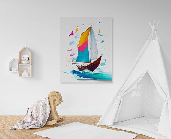 Minimalist Sailboat With Colorful Sails On A White Sea Kids Poster