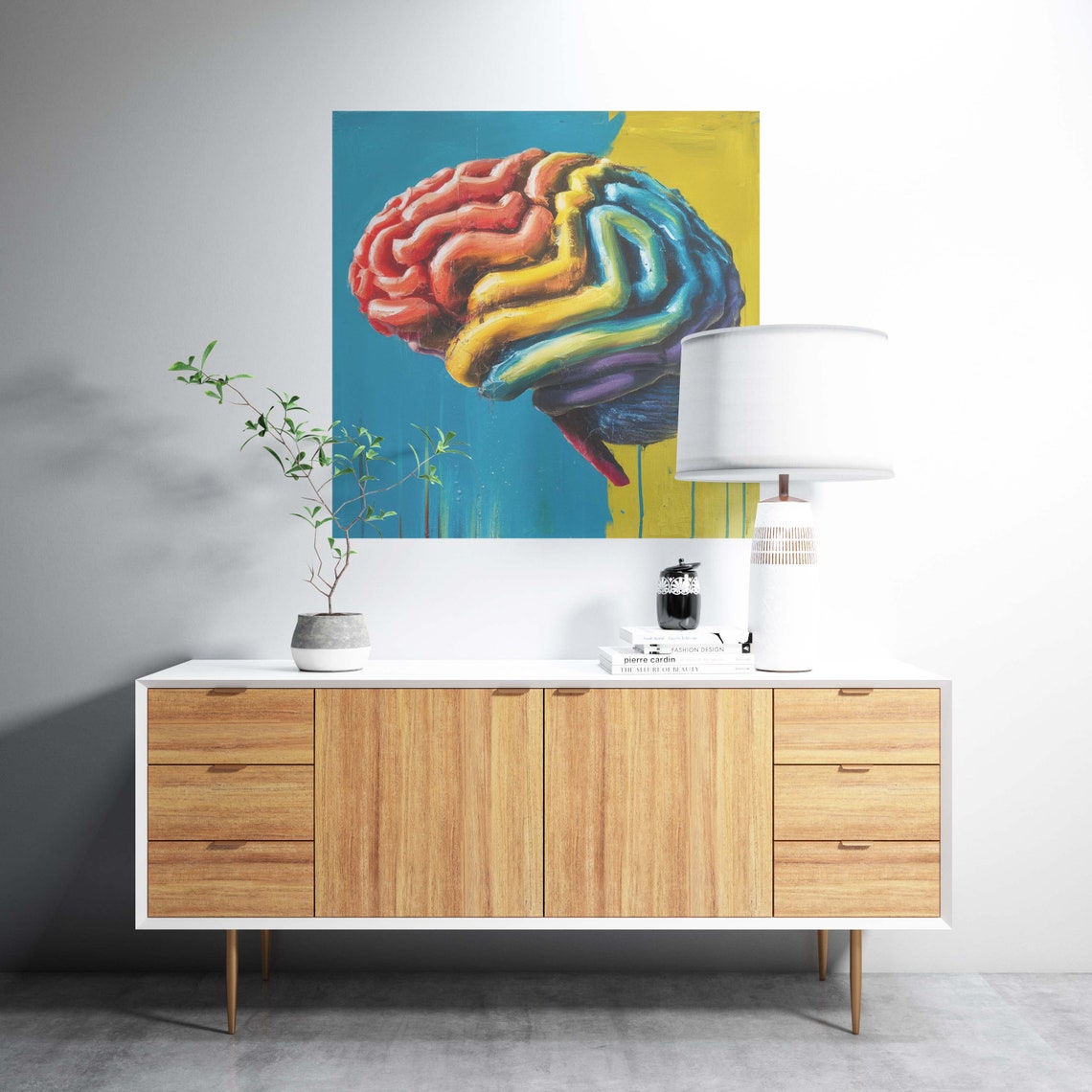 Rainbow Colored Human Brain Pop Art On Teal And Yellow Poster - Image 2
