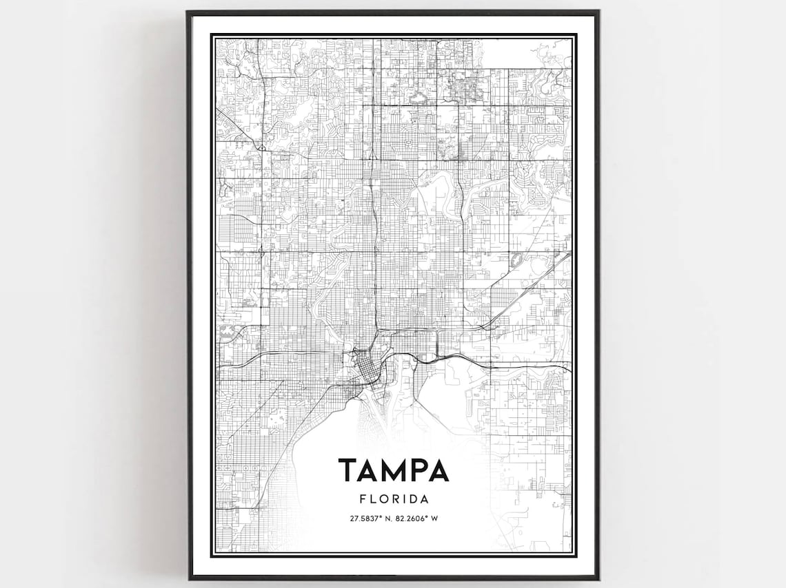 Tampa Florida City Street Map Black and White Modern Poster Art