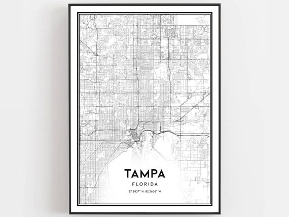 Tampa Map Print Poster Wall Art Fl City Florida Street Decor Road Gift B109