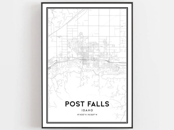 Post Falls Map Print Poster Wall Art Id City Idaho Street Decor Road Gift