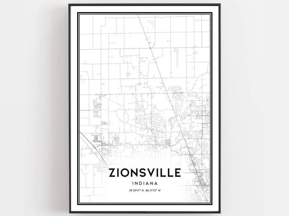 Zionsville Map Print Poster Wall Art In City Indiana Street Decor Road Gift B2050