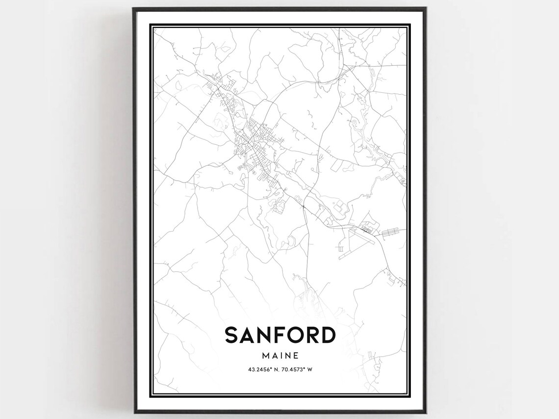 Sanford Maine Street Map Black White Minimalist Town City Poster