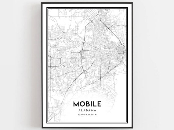 Mobile Map Print Poster Wall Art Al City Alabama Street Decor Road Gift B490
