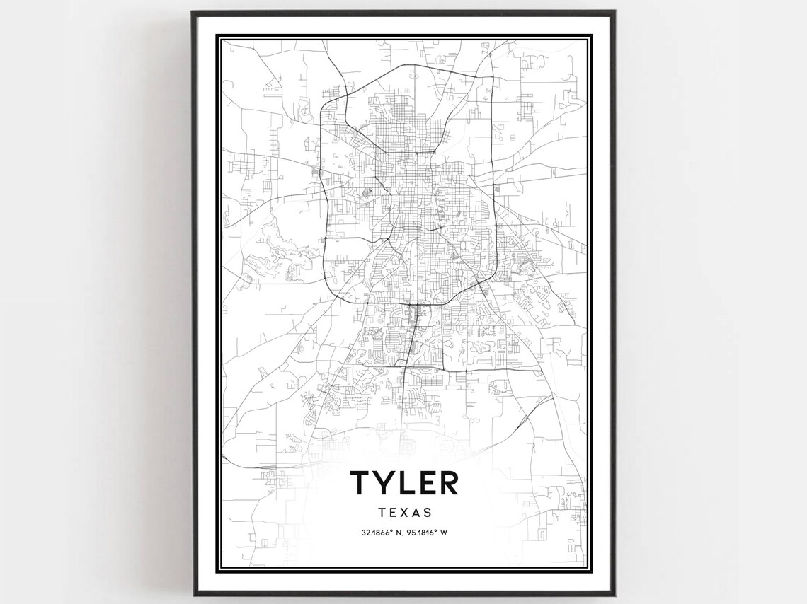 Tyler Texas Black And White City Street Map With Coordinates Poster