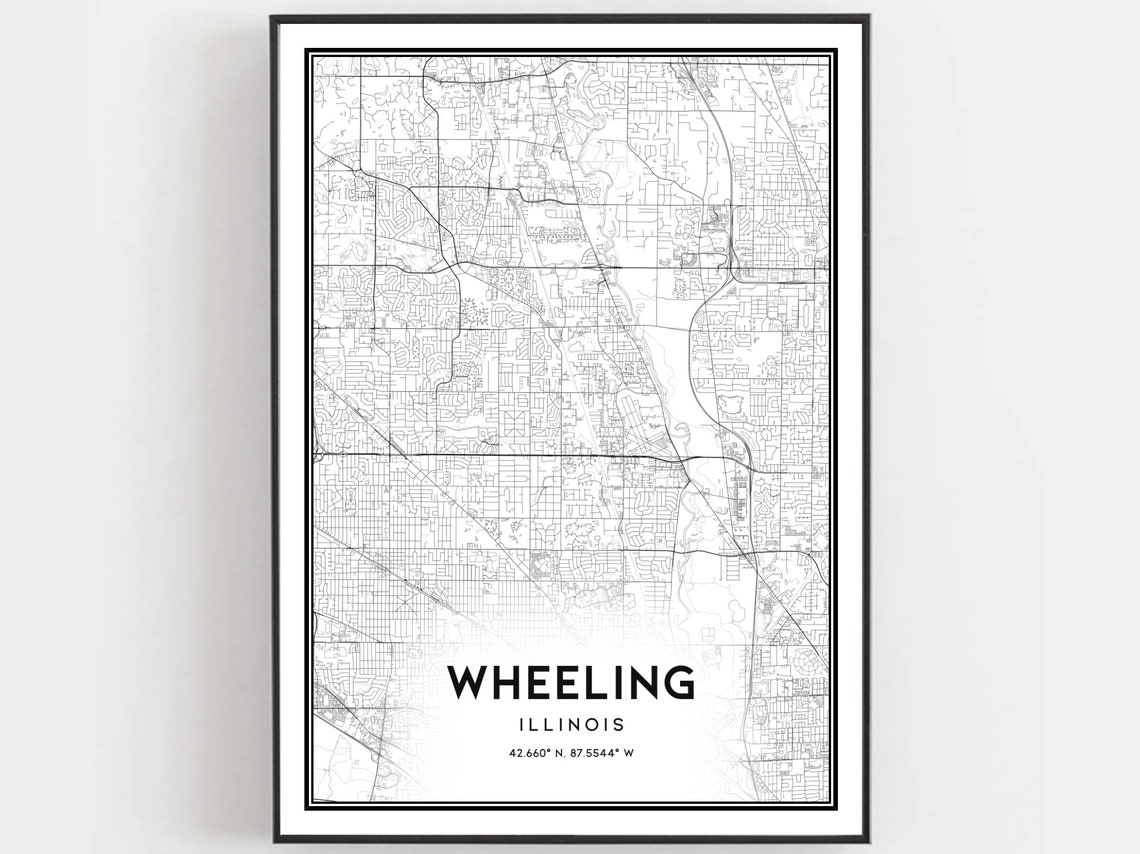 Wheeling Illinois Downtown Street Map Minimalist Black White Poster