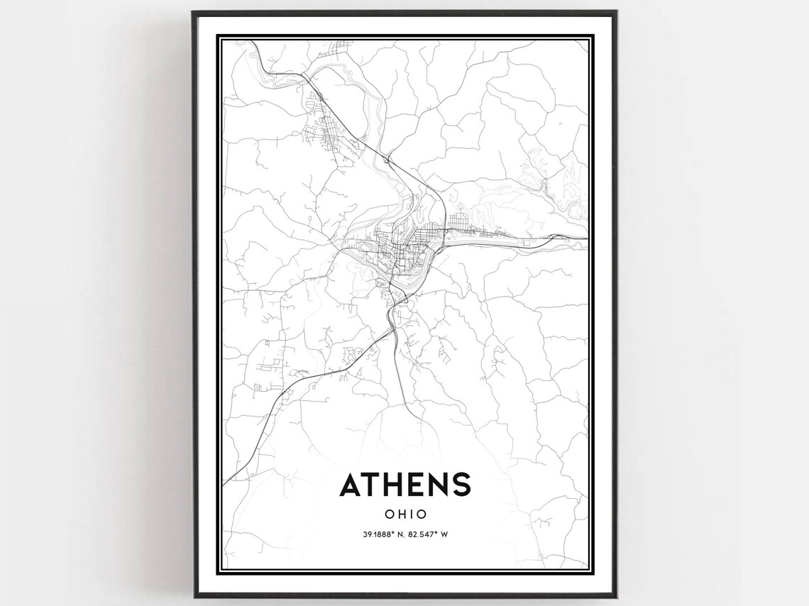 Athens Ohio City Street Map Black and White Minimalist Art Poster