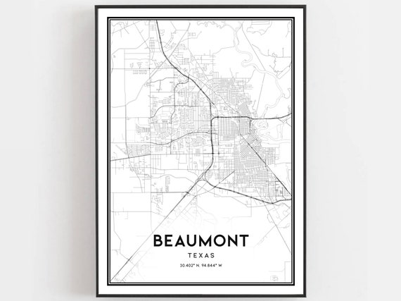 Beaumont Map Print Poster Wall Art Tx City Texas Street Decor Road Gift