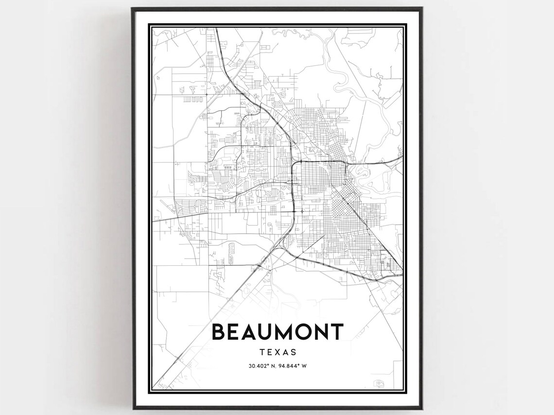 Beaumont Texas Minimalist Black and White City Street Map Poster