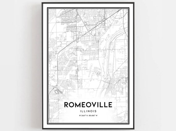 Romeoville Map Print Poster Wall Art Il City Illinois Street Decor Road Gift