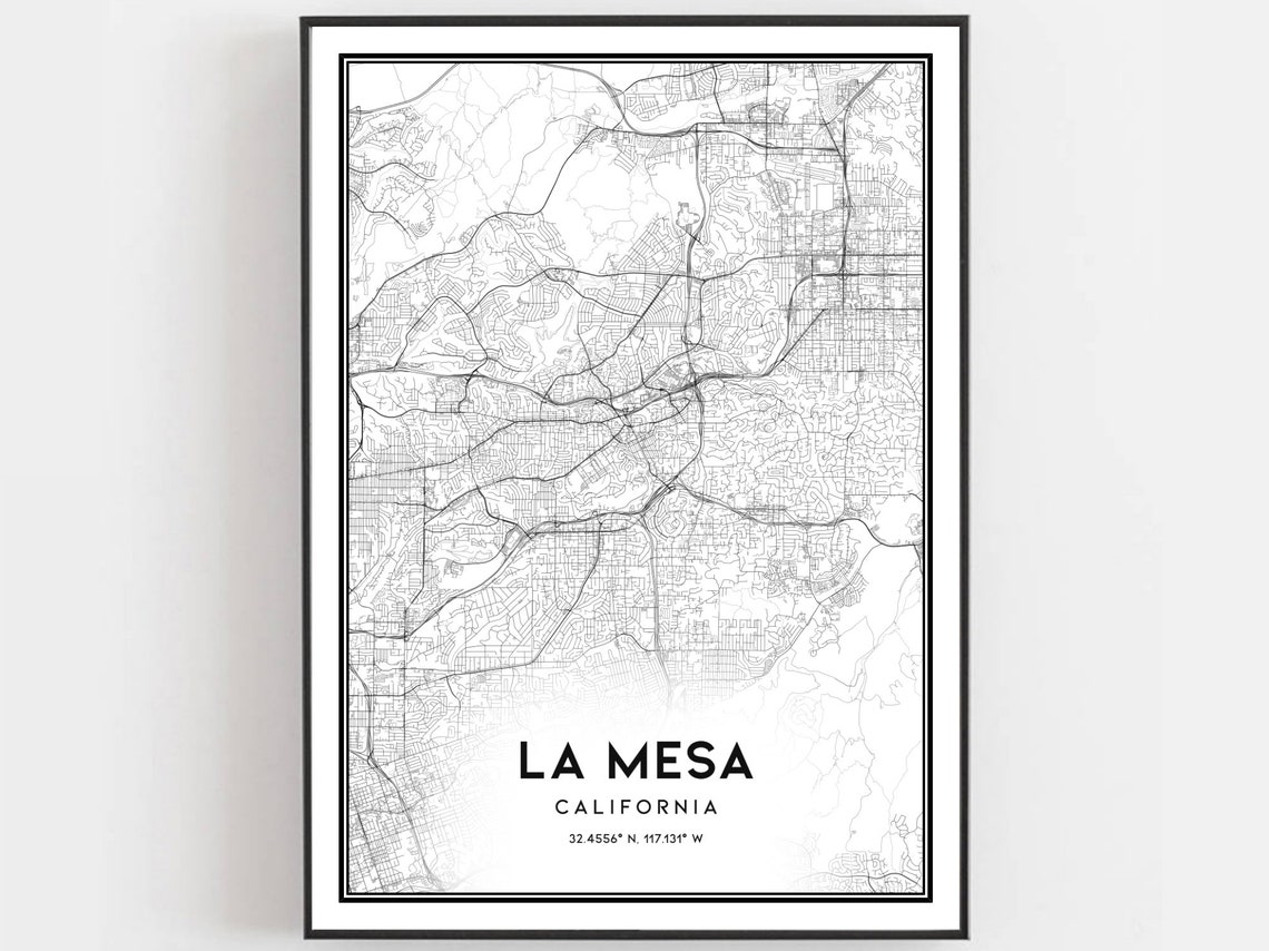 La Mesa California Street Map Black White Minimalist City Poster