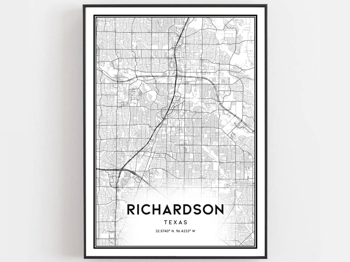 Richardson Texas Minimalist Black White City Street Map Poster
