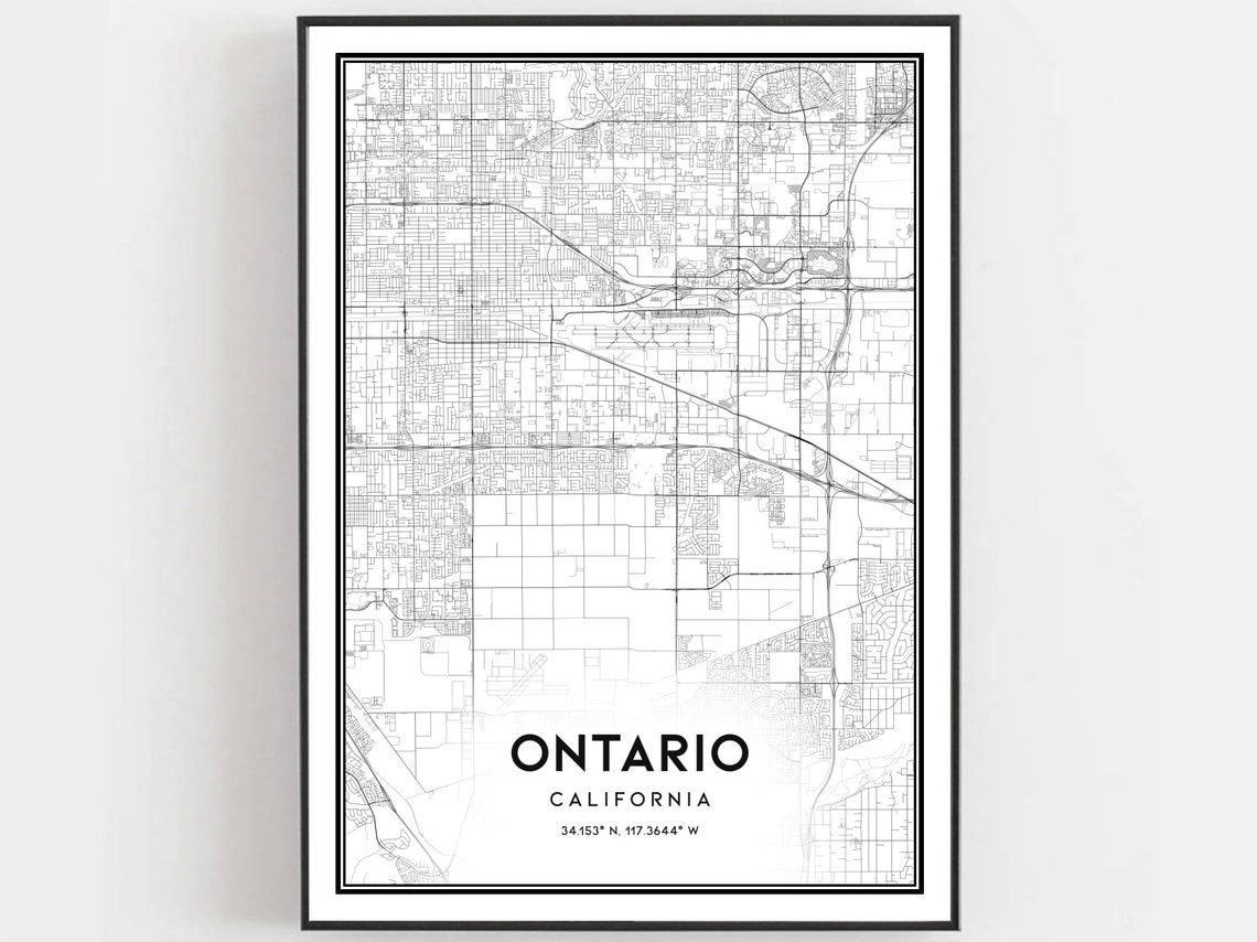 Ontario California Street Map Print Black and White Modern Decor