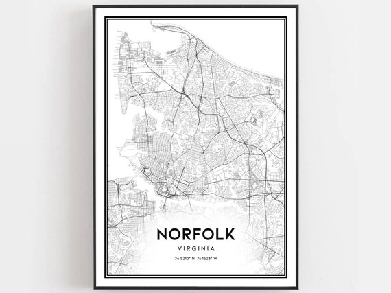 Norfolk Map Print Poster Wall Art Va City Virginia Street Decor Road Gift B561