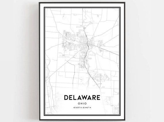 Delaware Map Print Poster Wall Art Oh City Ohio Street Decor Road Gift B1647