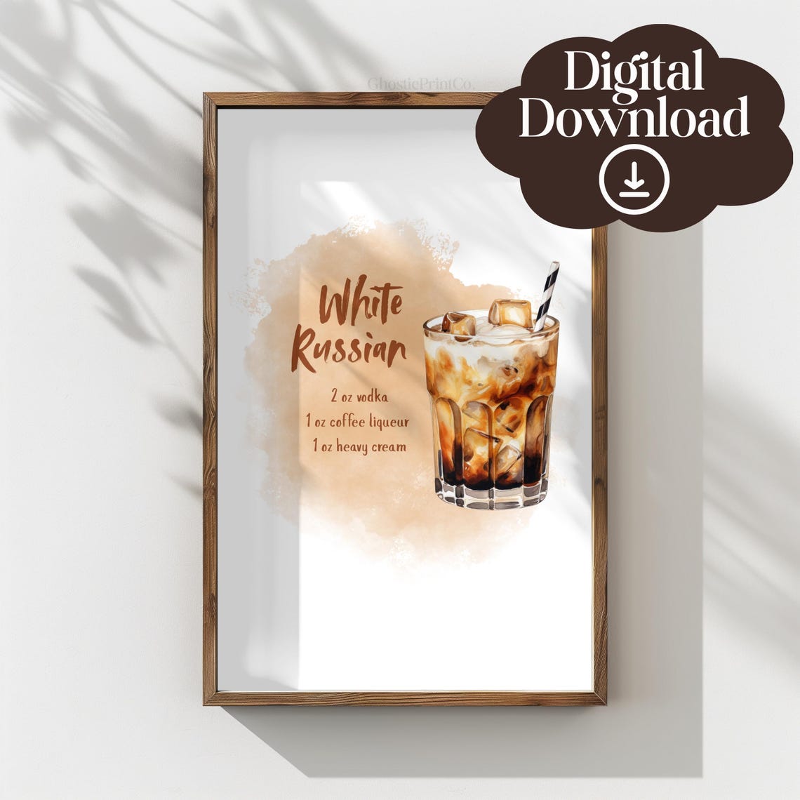 White Russian Recipe Watercolor Cocktail Home Bar Kitchen Poster