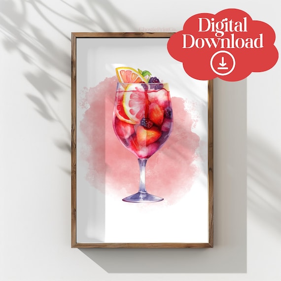 Sangria Cocktail Watercolor Pink Blush Bar Cart Home Decor Art Poster
