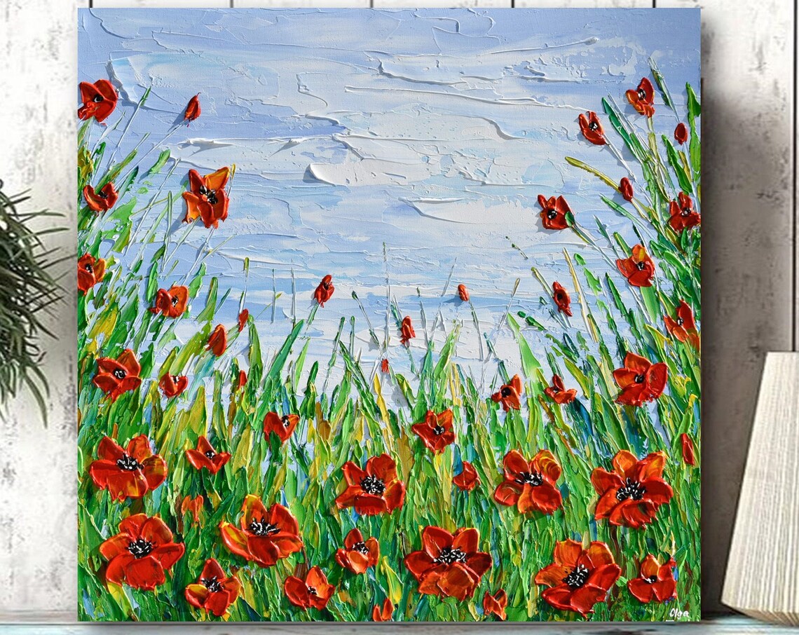 Red Poppy Field Painting Tall Green Grass Blue Sky Impasto Art Poster