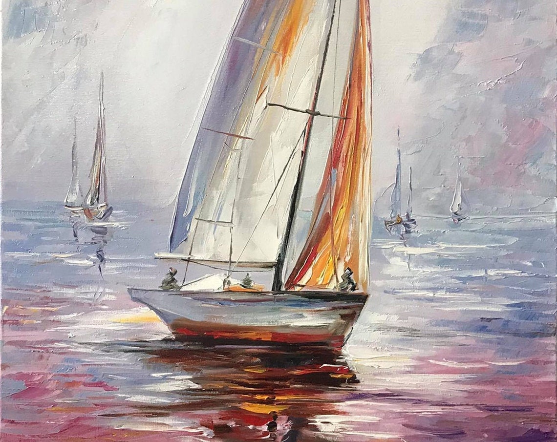 Sail Boat Painting Sunset Oil Painting Original Sea Boat Art Decor Harbor Painting Framed Ship Wall Art Boat Yacht Oil Painting - Image 2