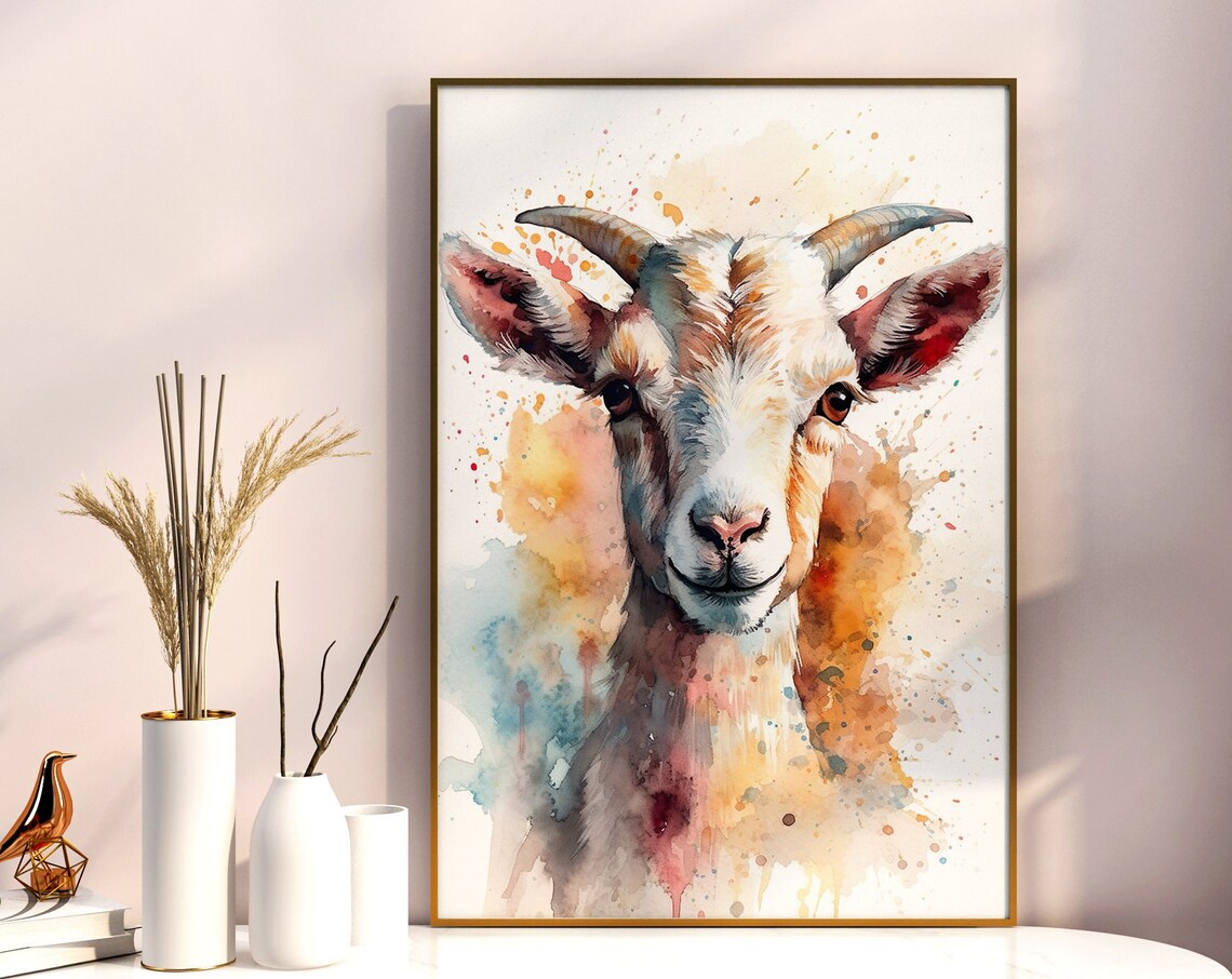 Baby Goat Painting Wall Art Poster Gift Watercolor Colorful Animal Painting Illustration Nature Wall Art Home Decor Print