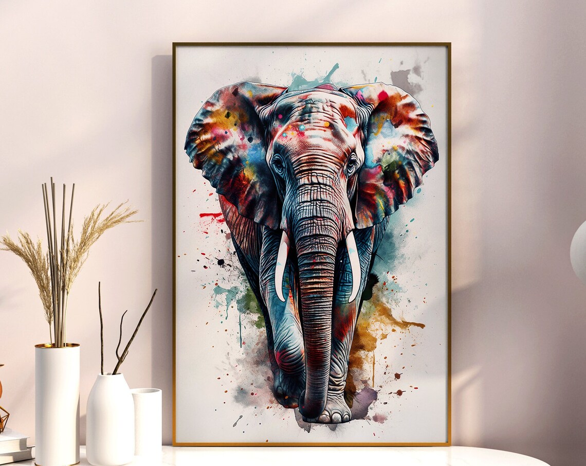 Elephant Watercolor Portrait Colorful Splash Wildlife Art Poster
