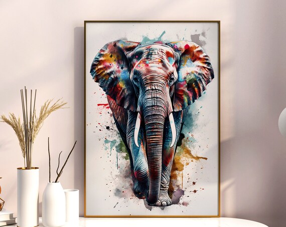 Elephant Watercolor Portrait Colorful Splash Wildlife Art Poster