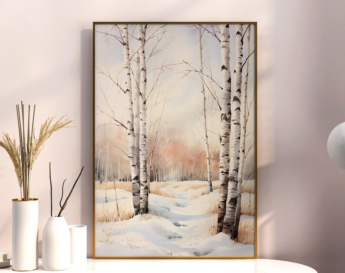 Birch Trees in Snow Watercolor Autumn Winter Glow Art Poster