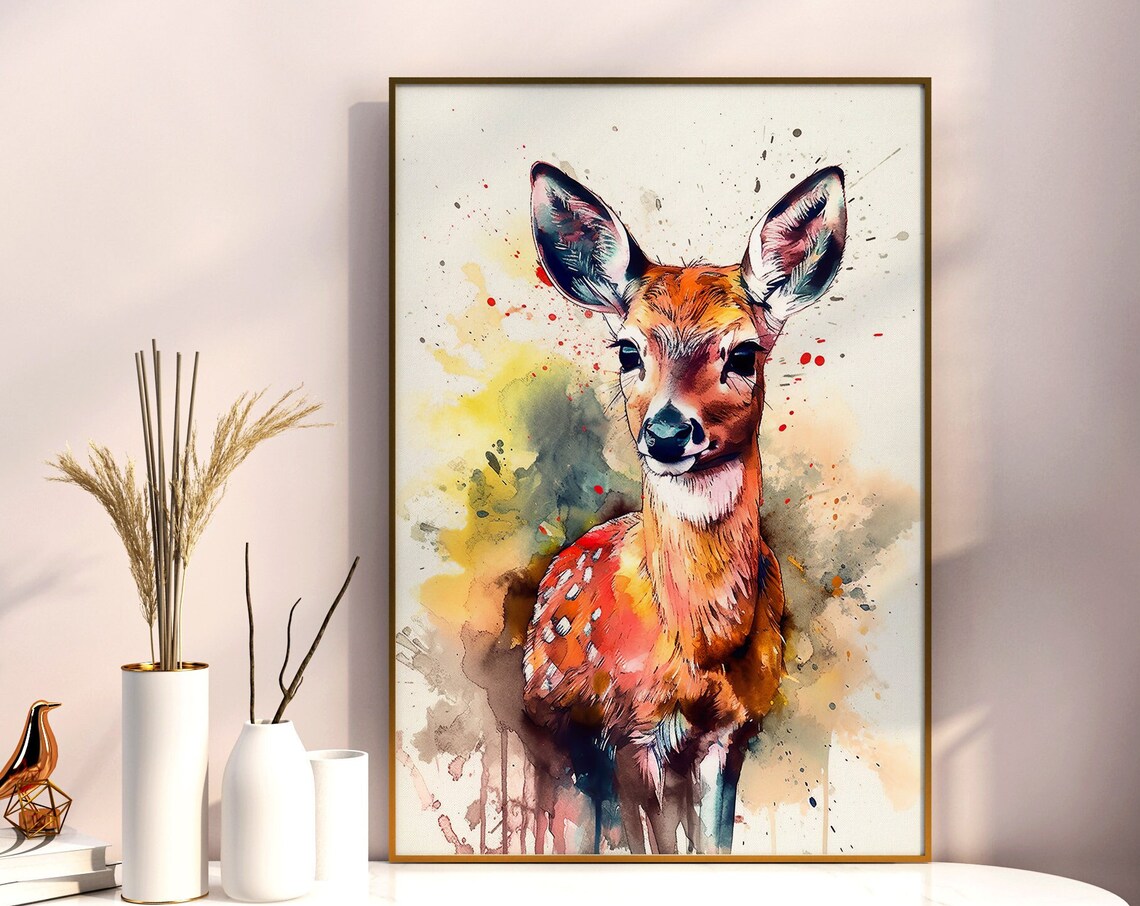 Baby Deer Fawn Watercolor Portrait Cute Wildlife Splash Poster