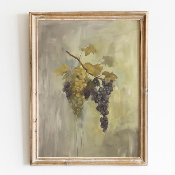 Vintage Kitchen Wall Art Moody Fruit Painting Rustic Grape Print Vintage Still Life Moody French Country Home Decor