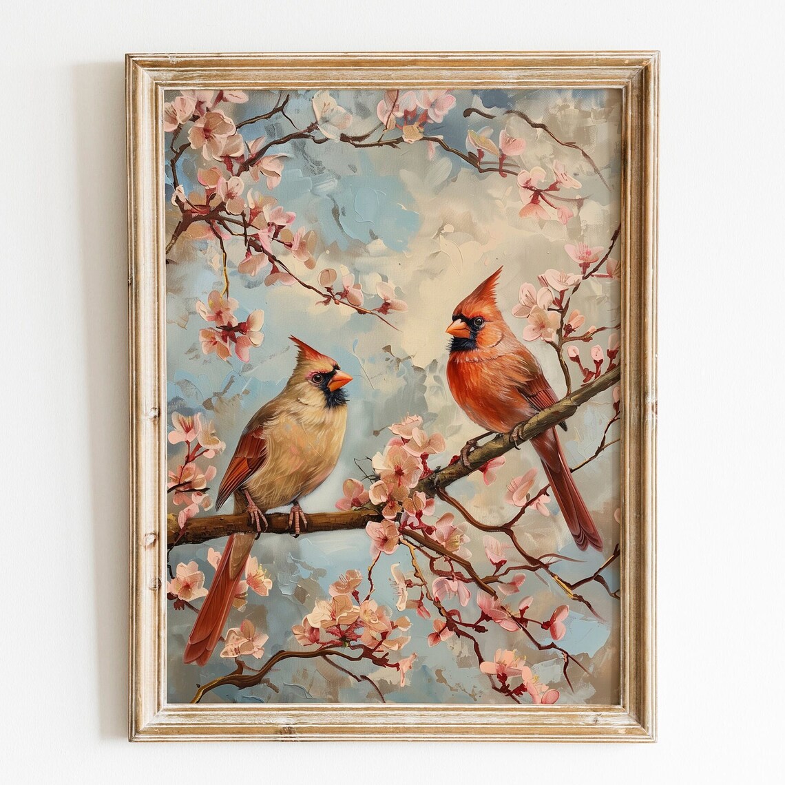Northern Cardinal Pair on Cherry Blossom Branch Spring Bird Painting Poster