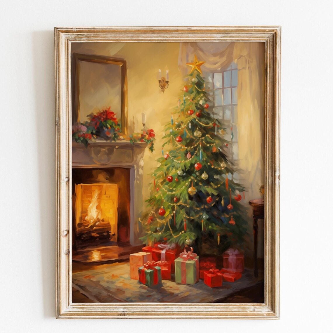 Bright Christmas Tree Fireplace Gifts Poinsettia Holiday Poster