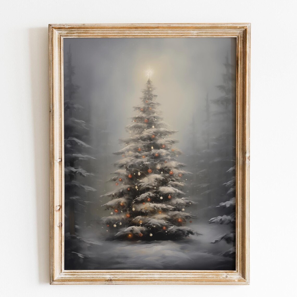Elegant Snowy Christmas Tree Red Ornaments Winter Forest Poster