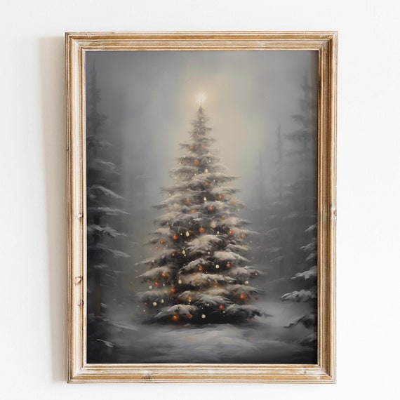 Moody Red White Tree Christmas Wall Art Christmas Tree Christmas Decor Vintage Christmas Forest Wall Art Cottagecore Print