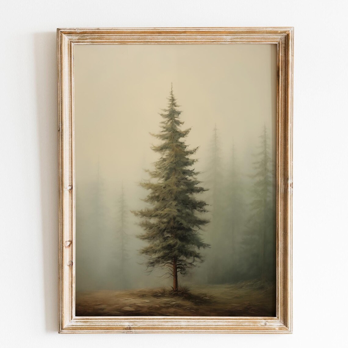 Tall Pine Tree In Fog Neutral Beige Forest Moody Minimalist Poster