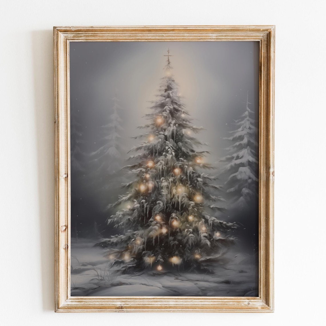 Snowy Christmas Tree Warm Lights Glowing Icy Winter Night Poster