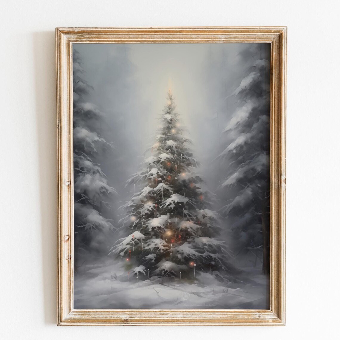 Tall Snowy Christmas Tree Warm Glow Dark Winter Forest Poster