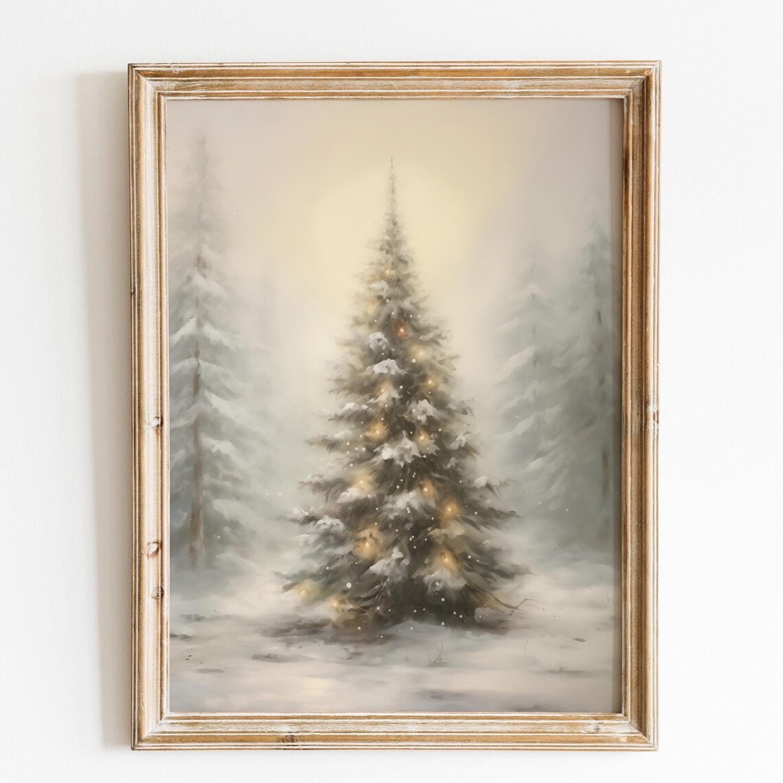 Soft White Christmas Tree Warm Lights Serene Misty Snowfall Poster