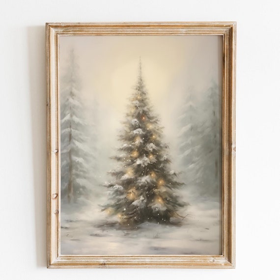 Vintage Yellow Moody Christmas Tree Decor Christmas Wall Art Christmas Cottagecore Art Vintage Christmas Decoration Forest Art