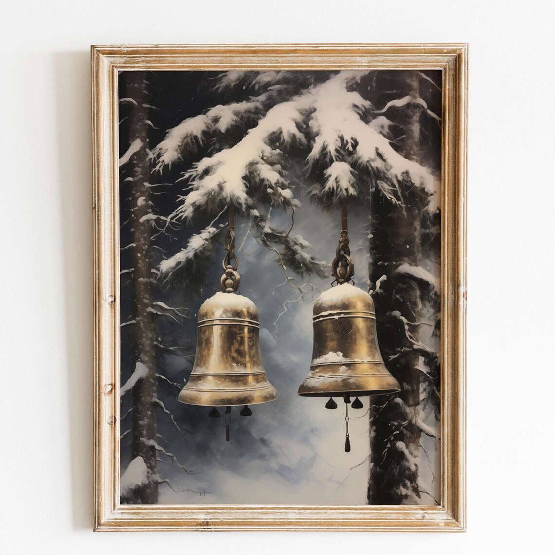 Golden Christmas Bells Snowy Pine Forest Vintage Holiday Poster