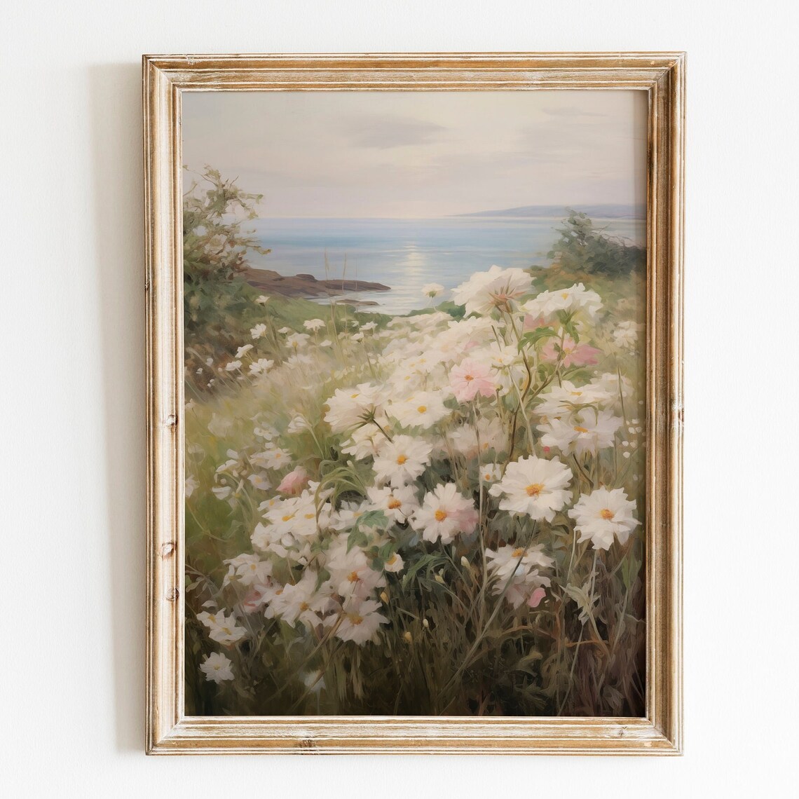 Coastal Wildflower Meadow with Daisies Overlooking Ocean Seascape Poster